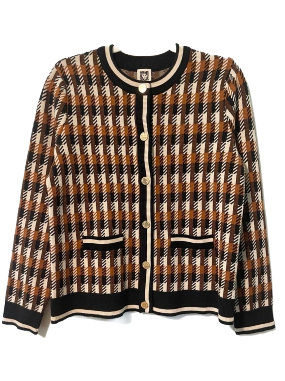 Anne Klien Brown/Cream/Blk Houndstooth Knit Cardigan Gold Buttons & Pockets Sz M